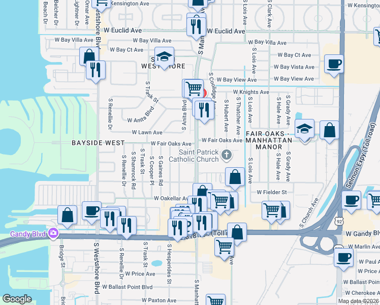 map of restaurants, bars, coffee shops, grocery stores, and more near 4414 West Fair Oaks Avenue in Tampa