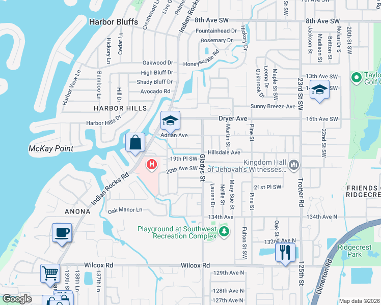 map of restaurants, bars, coffee shops, grocery stores, and more near 3259 Hillsdale Avenue in Largo