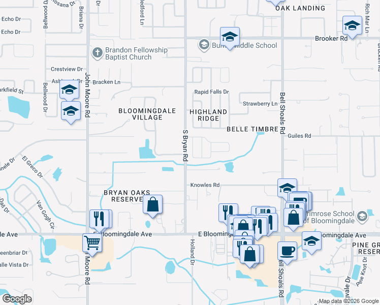 map of restaurants, bars, coffee shops, grocery stores, and more near 3009 Annadale Circle in Brandon