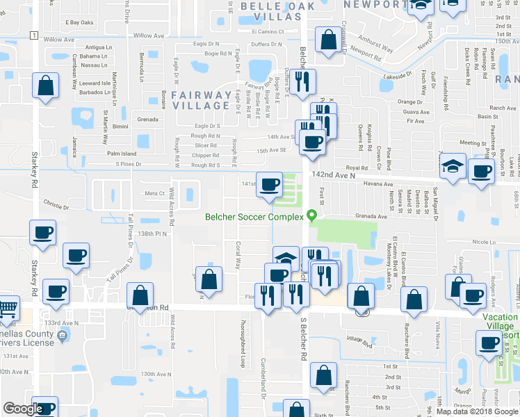 map of restaurants, bars, coffee shops, grocery stores, and more near 3721 140th Avenue North in Largo