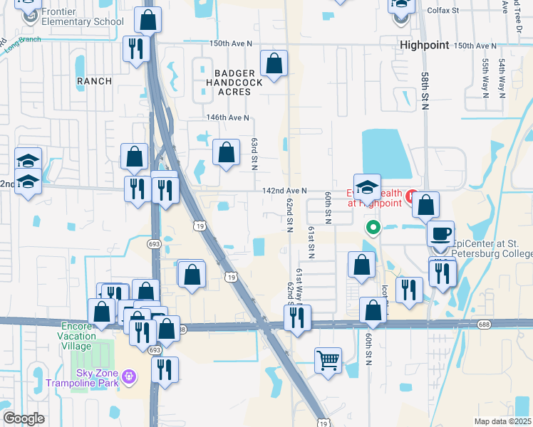 map of restaurants, bars, coffee shops, grocery stores, and more near 6262 142nd Avenue North in Clearwater