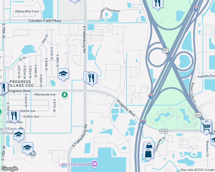 map of restaurants, bars, coffee shops, grocery stores, and more near 9154 Hillcroft Drive in Riverview
