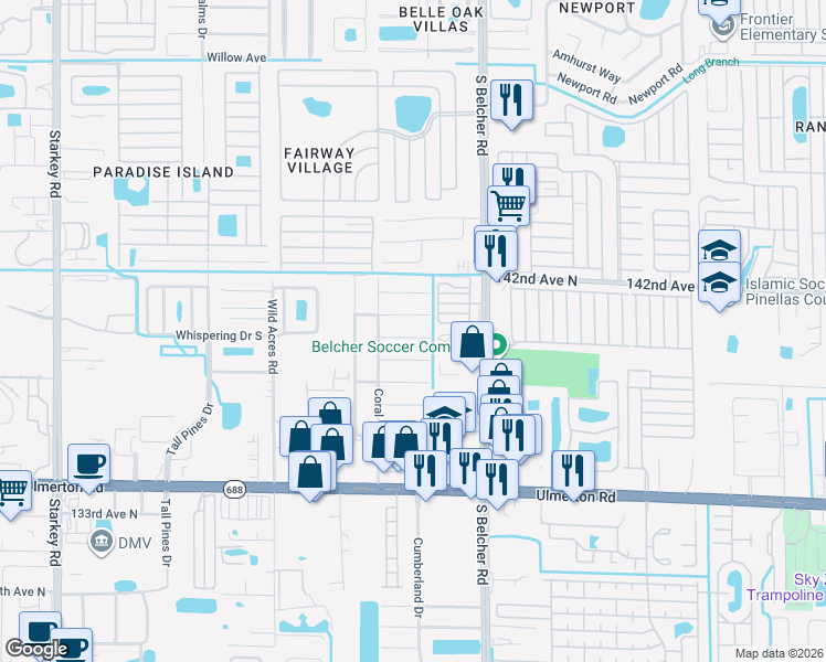 map of restaurants, bars, coffee shops, grocery stores, and more near 3721 140th Avenue North in Largo