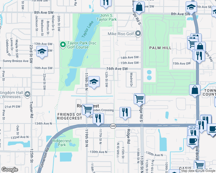 map of restaurants, bars, coffee shops, grocery stores, and more near 1840 11th Street Southwest in Largo
