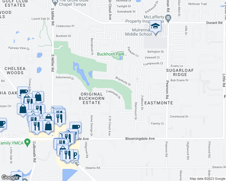 map of restaurants, bars, coffee shops, grocery stores, and more near 2626 Crestfield Drive in Valrico