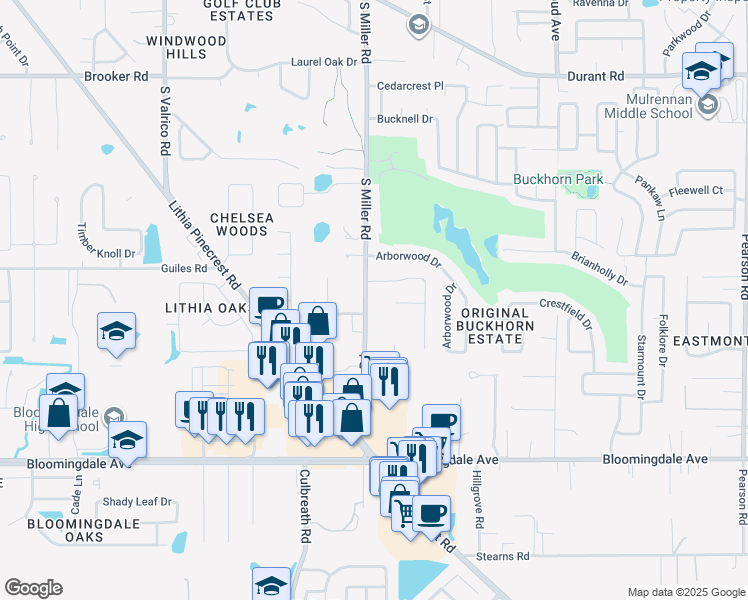 map of restaurants, bars, coffee shops, grocery stores, and more near 3007 South Miller Road in Valrico