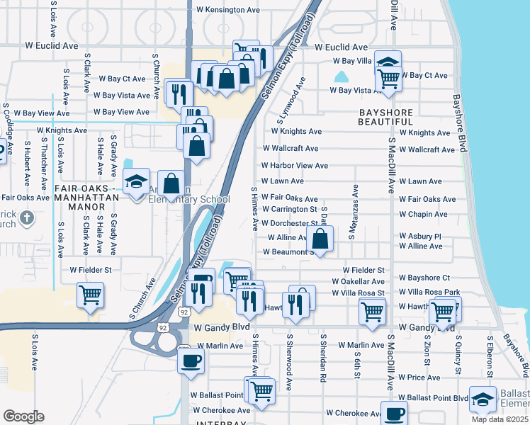 map of restaurants, bars, coffee shops, grocery stores, and more near 3414 West Carrington Street in Tampa
