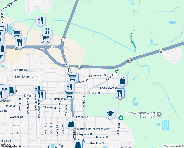 map of restaurants, bars, coffee shops, grocery stores, and more near 1925 Tripaul Court in Bartow