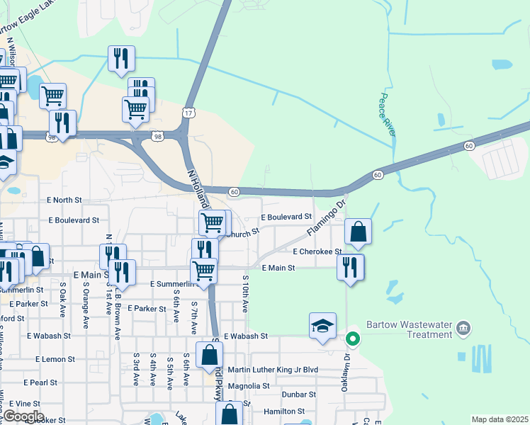 map of restaurants, bars, coffee shops, grocery stores, and more near 1925 Tripaul Court in Bartow