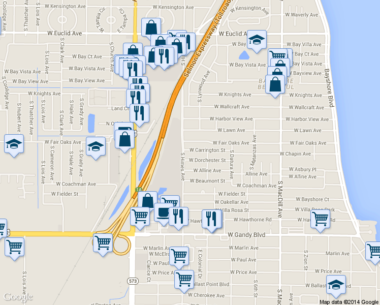 map of restaurants, bars, coffee shops, grocery stores, and more near 3414 West Carrington Street in Tampa