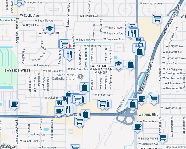 map of restaurants, bars, coffee shops, grocery stores, and more near 4505 South Cameron Avenue in Tampa