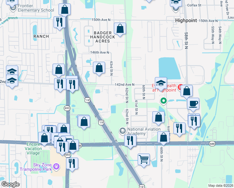 map of restaurants, bars, coffee shops, grocery stores, and more near 6262 142nd Avenue North in Clearwater