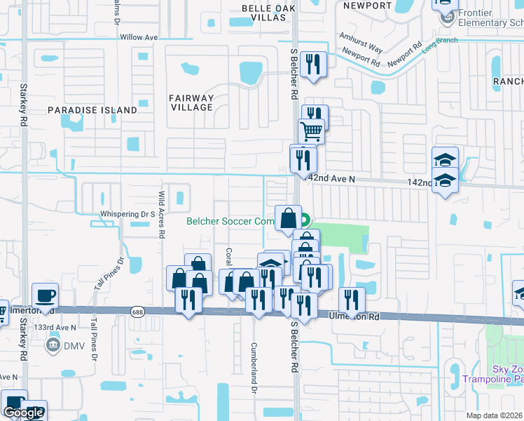 map of restaurants, bars, coffee shops, grocery stores, and more near 3792 141st Avenue North in Largo