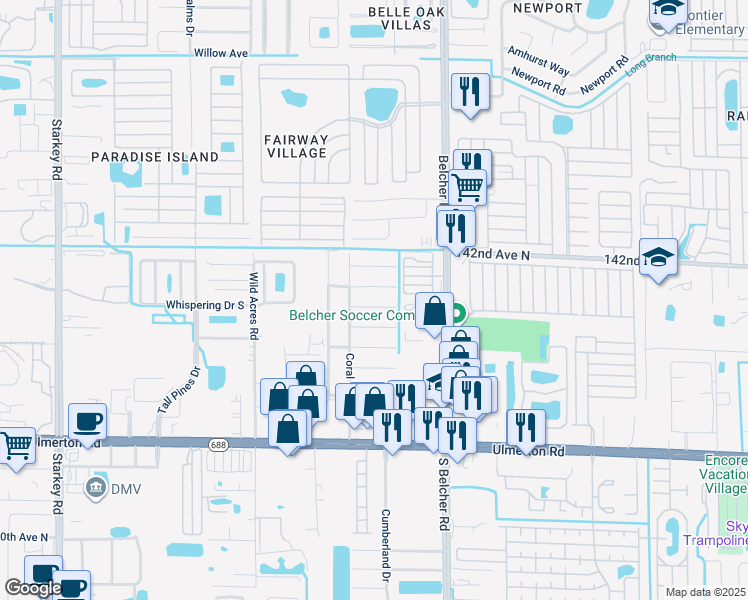 map of restaurants, bars, coffee shops, grocery stores, and more near 3678 141st Avenue North in Largo