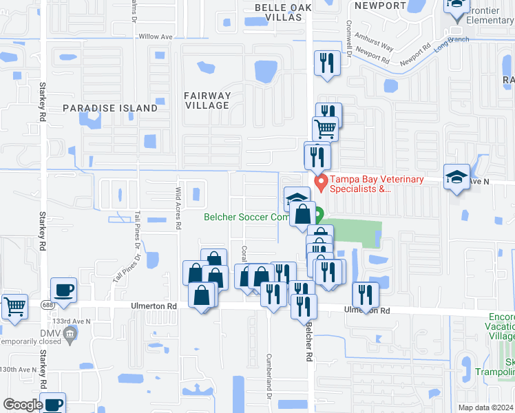 map of restaurants, bars, coffee shops, grocery stores, and more near 3678 141st Avenue North in Largo