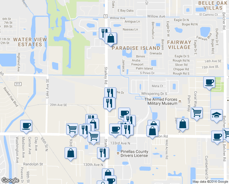 map of restaurants, bars, coffee shops, grocery stores, and more near 8861 Christie Drive in Largo