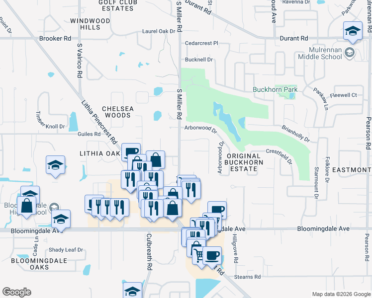 map of restaurants, bars, coffee shops, grocery stores, and more near 3007 South Miller Road in Valrico