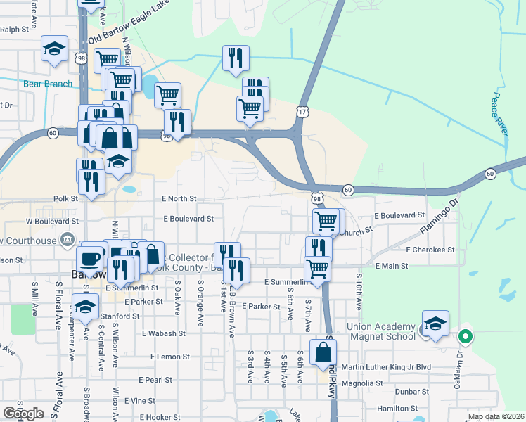 map of restaurants, bars, coffee shops, grocery stores, and more near 980 East Church Street in Bartow