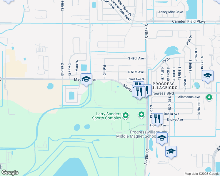 map of restaurants, bars, coffee shops, grocery stores, and more near 7205 Madison Avenue in Tampa