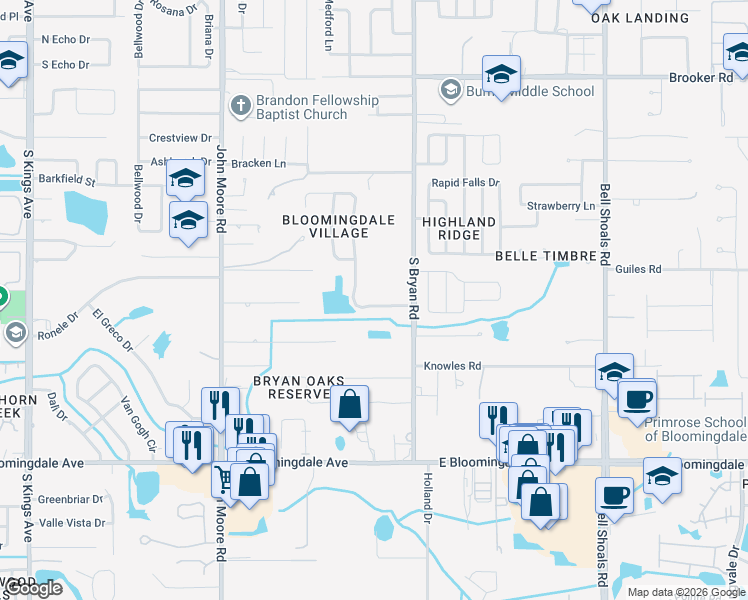 map of restaurants, bars, coffee shops, grocery stores, and more near 3023 Minuteman Lane in Brandon