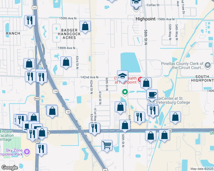 map of restaurants, bars, coffee shops, grocery stores, and more near 6043 141st Avenue North in Clearwater