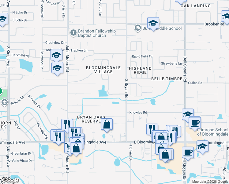 map of restaurants, bars, coffee shops, grocery stores, and more near 3023 Minuteman Lane in Brandon