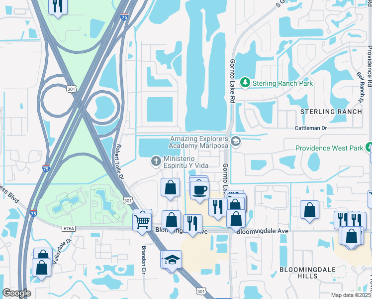 map of restaurants, bars, coffee shops, grocery stores, and more near 2125 River Turia Circle in Riverview