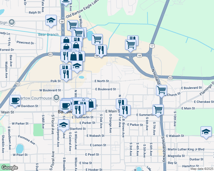 map of restaurants, bars, coffee shops, grocery stores, and more near 505 North Searcy Avenue in Bartow