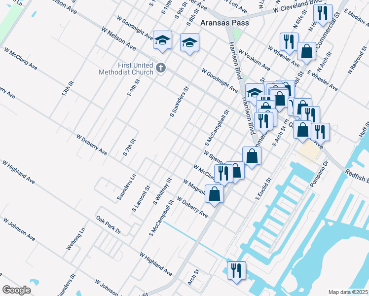 map of restaurants, bars, coffee shops, grocery stores, and more near 803 South Whitney Street in Aransas Pass