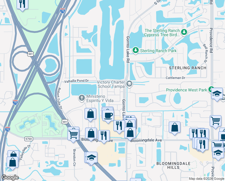 map of restaurants, bars, coffee shops, grocery stores, and more near 2257 Kings Palace Drive in Palm River-Clair Mel