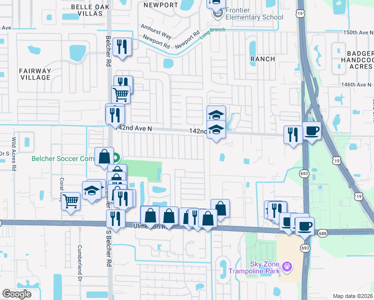 map of restaurants, bars, coffee shops, grocery stores, and more near 1325 Senora Street in Largo