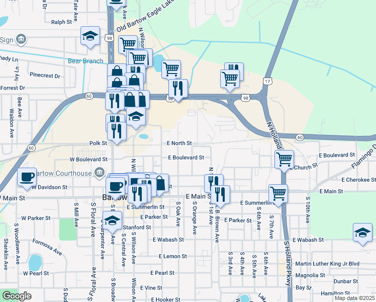 map of restaurants, bars, coffee shops, grocery stores, and more near 505 North Searcy Avenue in Bartow
