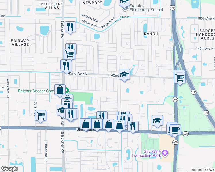 map of restaurants, bars, coffee shops, grocery stores, and more near 1325 Senora Street in Largo