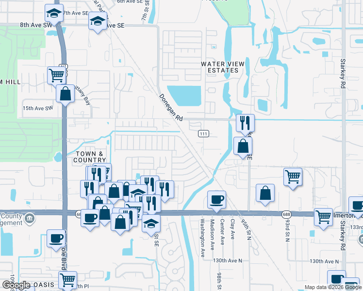 map of restaurants, bars, coffee shops, grocery stores, and more near Pin Oak Drive in Largo