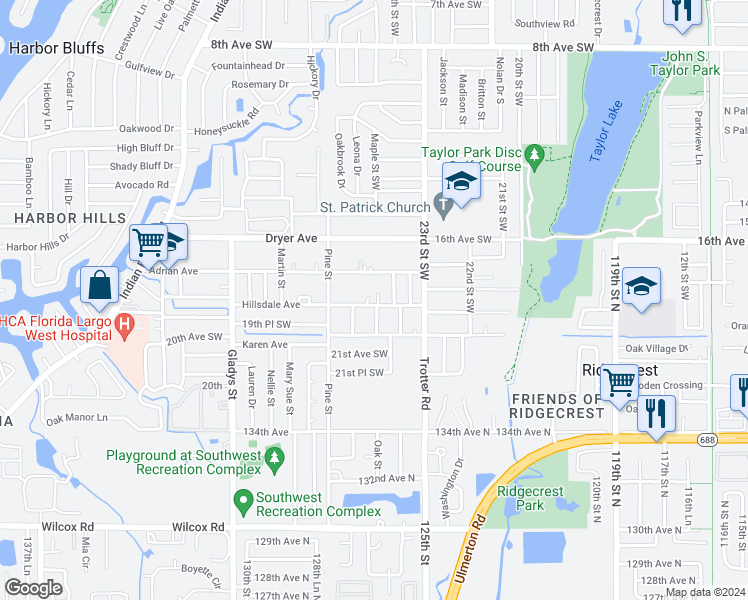 map of restaurants, bars, coffee shops, grocery stores, and more near 2545 Hillsdale Avenue in Largo