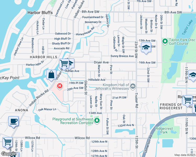 map of restaurants, bars, coffee shops, grocery stores, and more near 1818 Martin Street in Largo