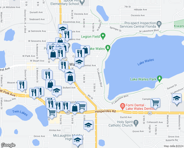 map of restaurants, bars, coffee shops, grocery stores, and more near 434 East Tillman Avenue in Lake Wales
