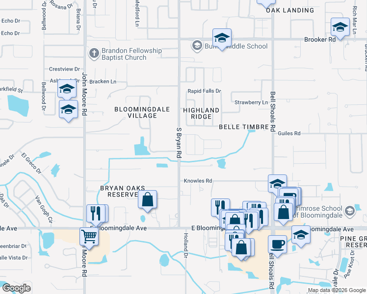map of restaurants, bars, coffee shops, grocery stores, and more near 3009 Annadale Circle in Brandon