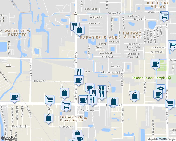 map of restaurants, bars, coffee shops, grocery stores, and more near 8793 Christie Drive in Largo