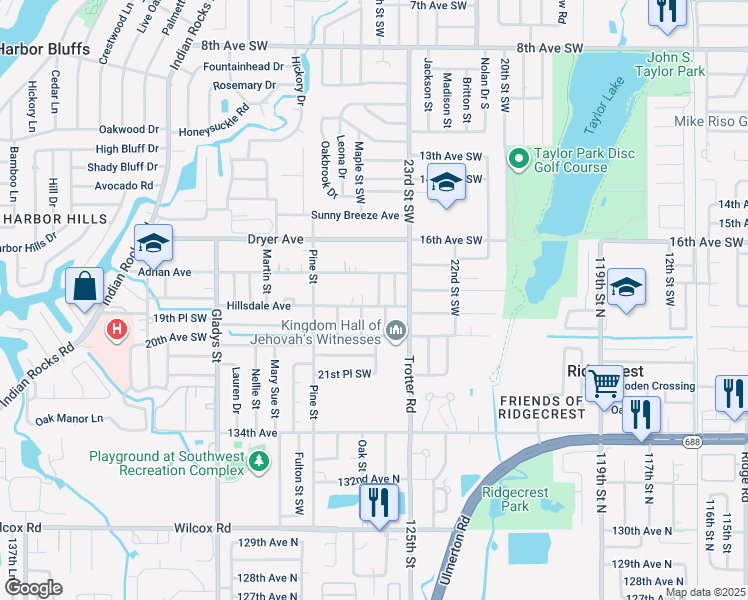 map of restaurants, bars, coffee shops, grocery stores, and more near 2545 Hillsdale Avenue in Largo
