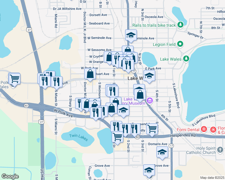 map of restaurants, bars, coffee shops, grocery stores, and more near 102 South 1st Street in Lake Wales