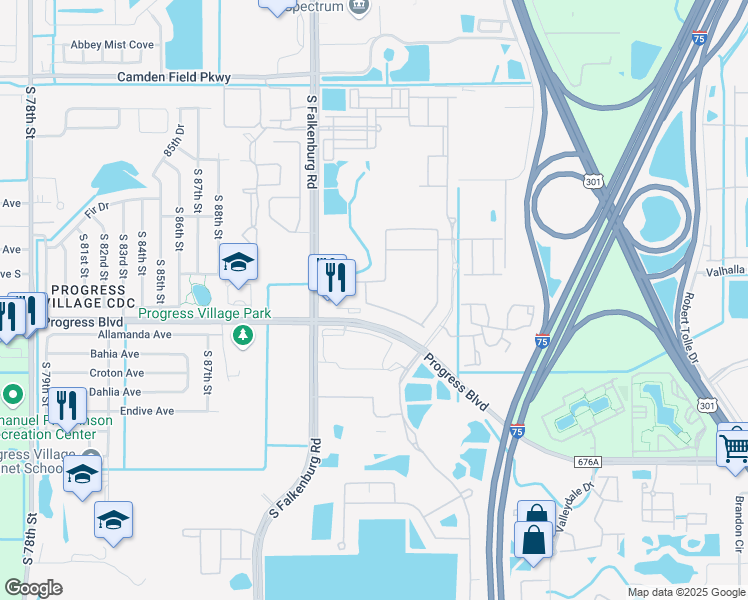 map of restaurants, bars, coffee shops, grocery stores, and more near 9114 Hillcroft Drive in Riverview