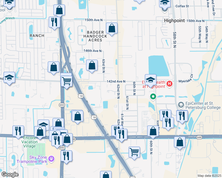 map of restaurants, bars, coffee shops, grocery stores, and more near 6262 142nd Avenue North in Clearwater