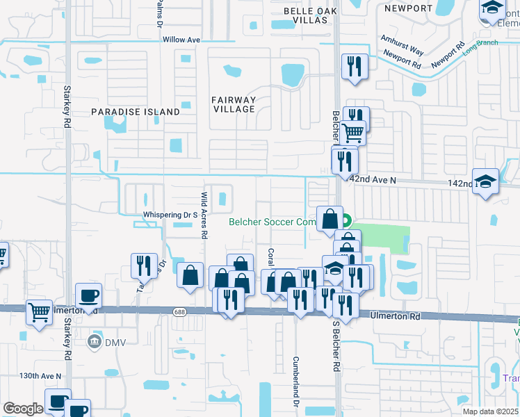 map of restaurants, bars, coffee shops, grocery stores, and more near 1733 Palm Way in Largo