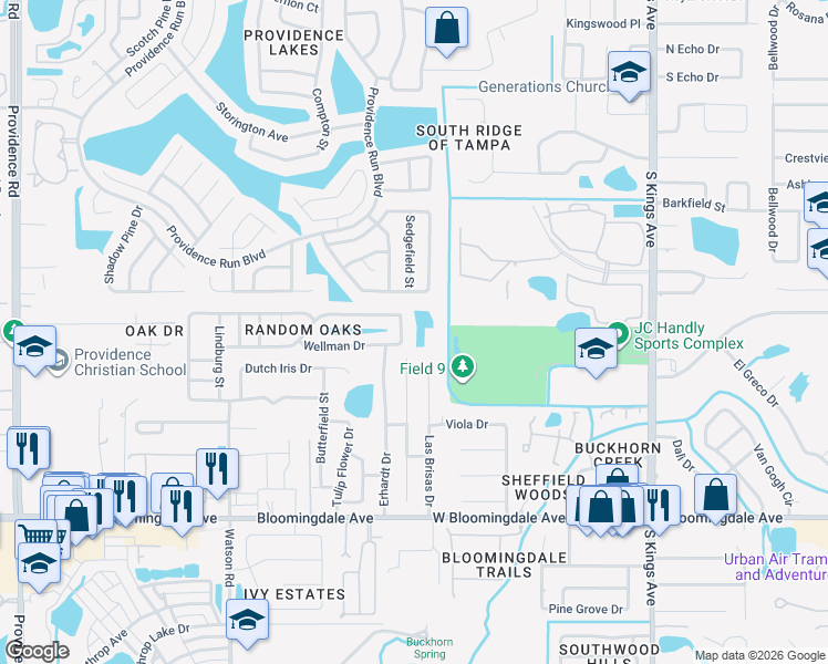 map of restaurants, bars, coffee shops, grocery stores, and more near 11556 Wellman Drive in Riverview