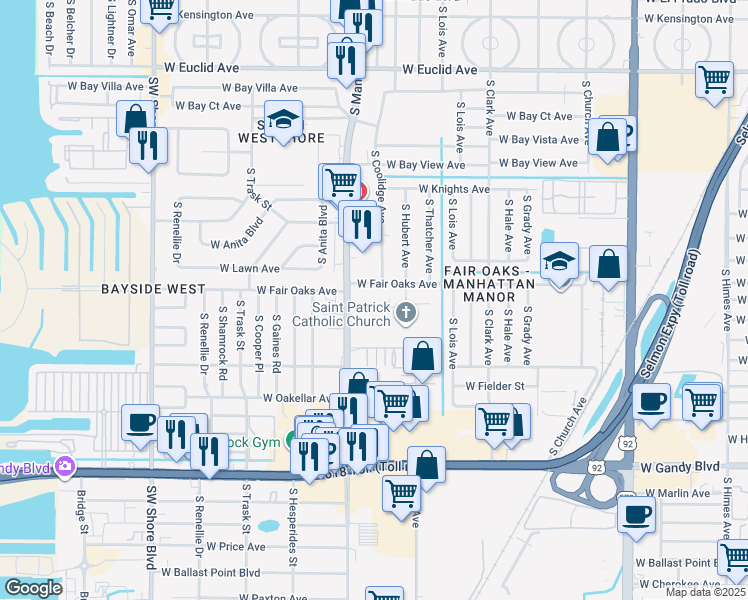 map of restaurants, bars, coffee shops, grocery stores, and more near 4510 South Manhattan Avenue in Tampa