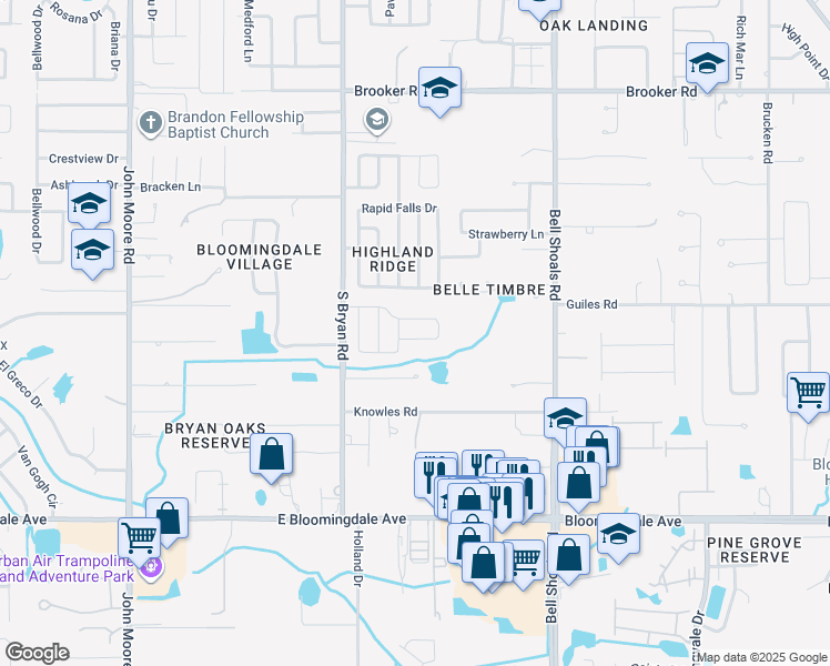 map of restaurants, bars, coffee shops, grocery stores, and more near 549 Oak Creek Drive in Brandon