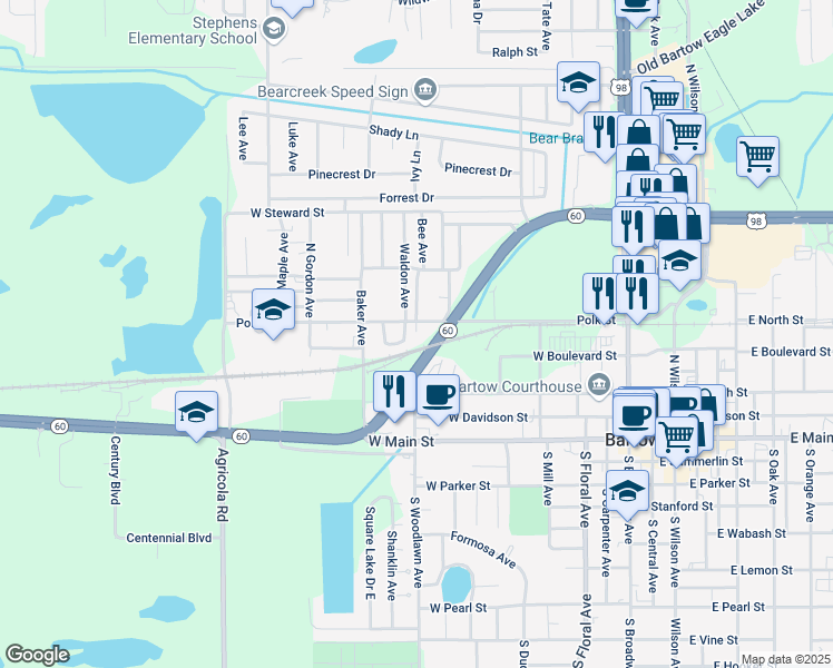 map of restaurants, bars, coffee shops, grocery stores, and more near 525 Waldon Avenue in Bartow