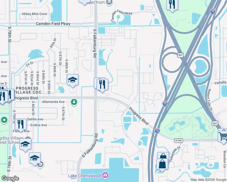 map of restaurants, bars, coffee shops, grocery stores, and more near 9114 Hillcroft Drive in Riverview