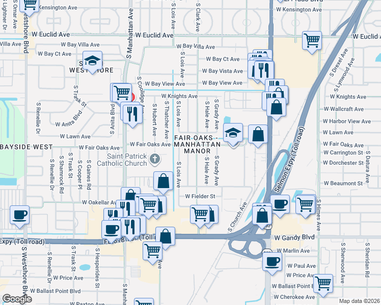 map of restaurants, bars, coffee shops, grocery stores, and more near 4505 South Cameron Avenue in Tampa